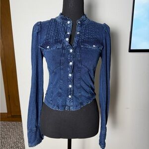 Free People Navy Button-Down Blouse
